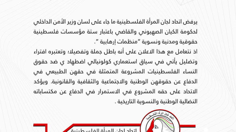 بيانات التضامن من المؤسسات والمنظمات العربية ضد قرار الاحتلال بتصنيف مؤسسات فلسطينية ب ” الإرهابية”.